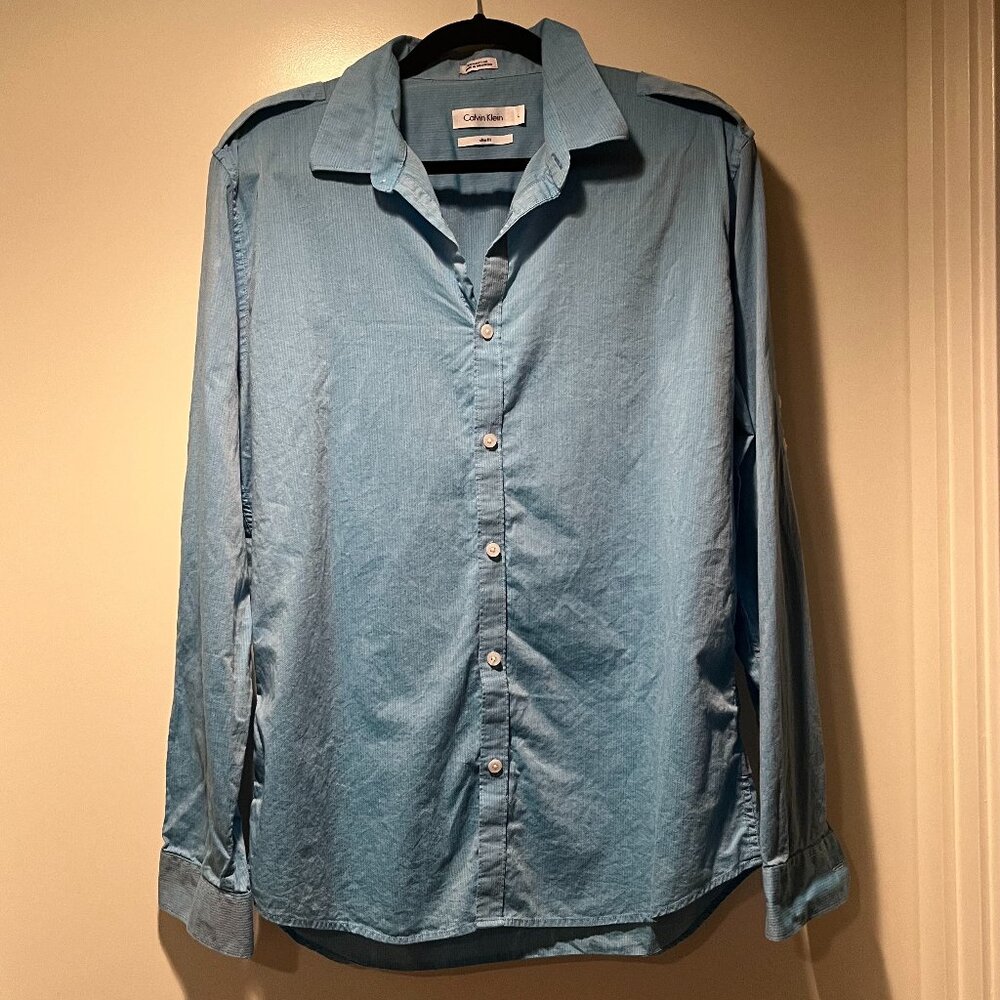 CALVIN KLEIN men's slim fit robin's egg blue button down shirt size Large